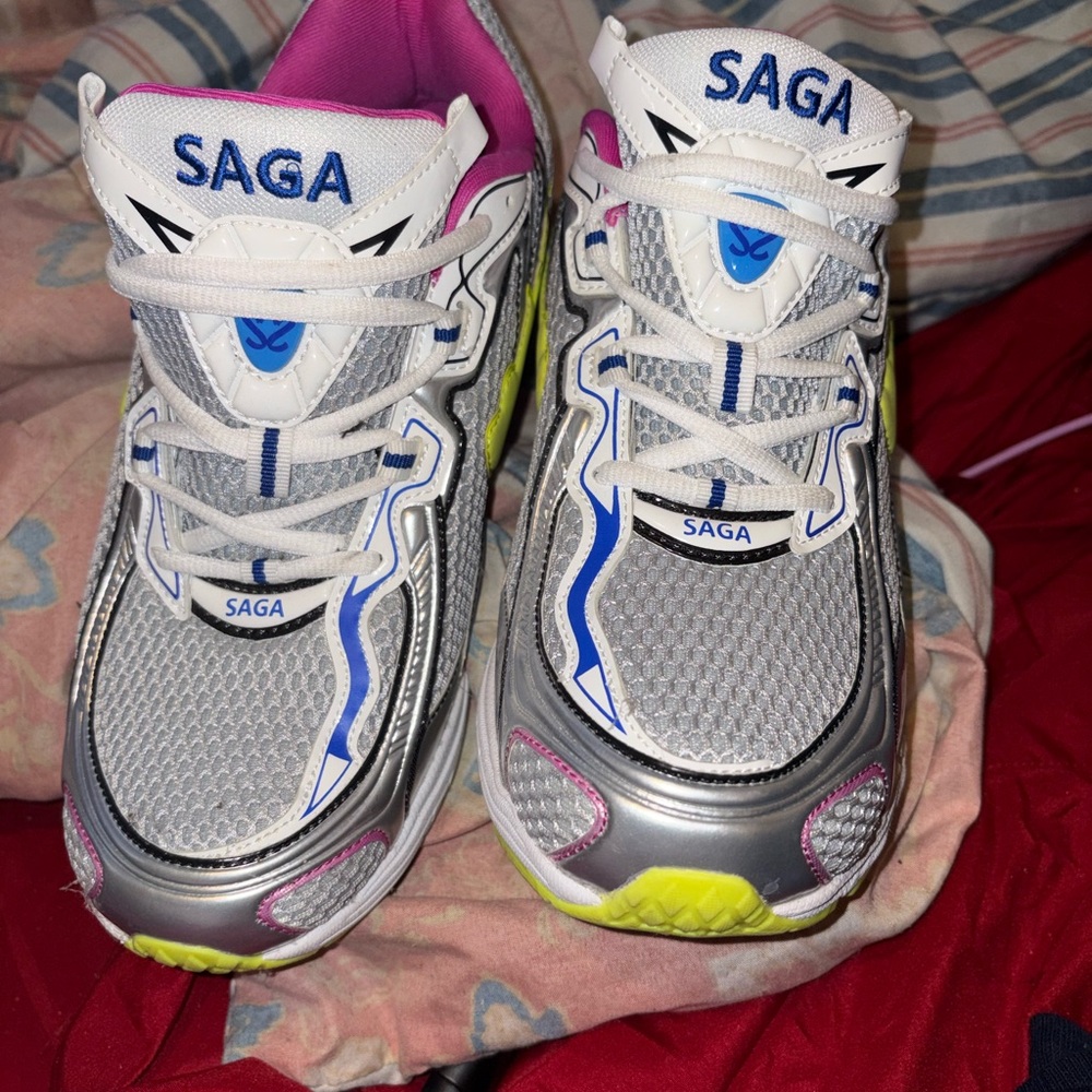 SAGA Men's Silver Mesh Athletic Sneakers with Pink & Yellow Accents